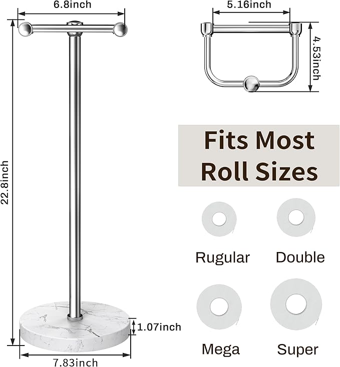 RARXTR Toilet Paper Holder Stand, Bathroom Free Standing Toilet Paper Stand with Modern Marble Base, Post Pivoting Toilet Paper Stand with Stainless Steel Tissue Rack, Rust-Proof & Heavy Base(Chrome)