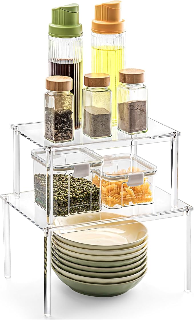 Bobomoment Acrylic Cabinet Organizer, Set of 2 Shelf Organizer, Spice Rack Organizer for Cabinet, Desk Countertop Organizer, Stackable Shelves for Pantry Kitchen Storage and Organization - Image 9
