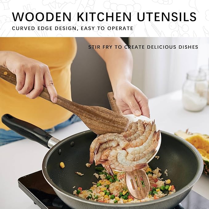 Wooden Spoons for Cooking, 4-Piece Wood Utensil Set Includes Slotted Spoon, Spoon & Wooden Spatula for Cooking – Acacia Wood Kitchen Utensil Set – 12 Inch Hardwearing Tools - Image 5