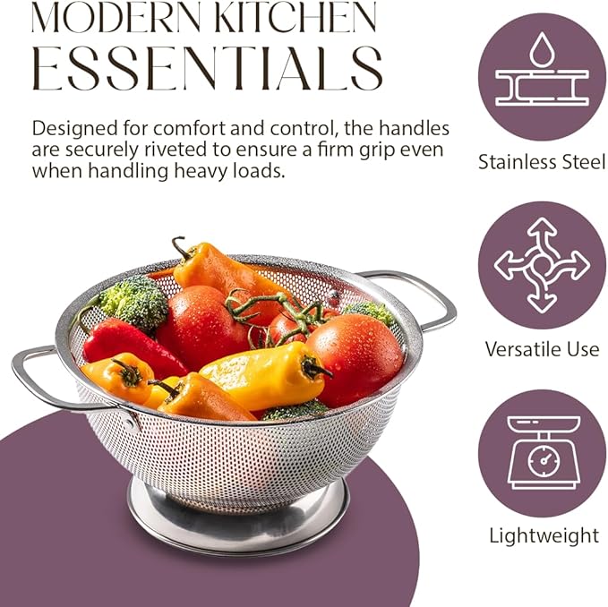 Bellemain Colander for Kitchen – 5 Qt Stainless Steel Strainer with Handle - 18/8 Pasta Strainer Bowl for Pasta, Spaghetti, Vegetables, Fruit, and Pot Draining - Stainless Steel Colander - Image 7
