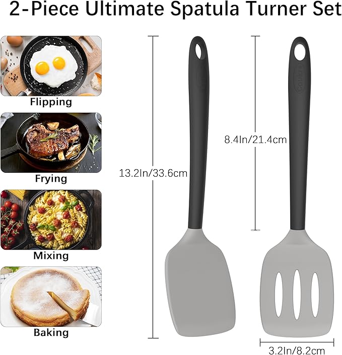 Coukre 2 Pack Silicone Spatula Set, High Heat Resistant, BPA Free Kitchen Spatula, Solid & Slotted Turner for Non-Stick Pans, Sautéing, and Flipping (2, Gray) - Image 6