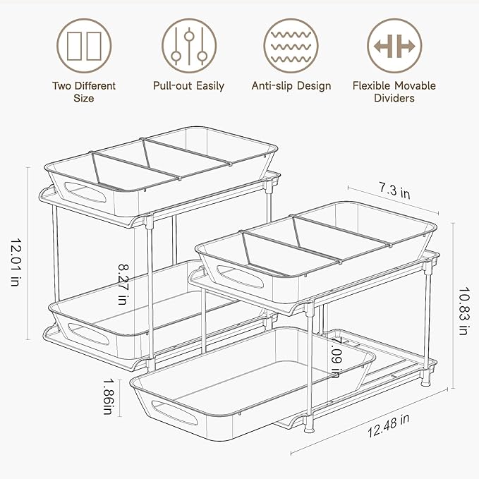 Sevenblue Under Sink Organizer, Bathroom Organizers and Storage, 2 Tier Multi-Use Pull Out Cabinet Organizer with Hang Hooks and Cups (transparent, 2 Pack) - Image 6