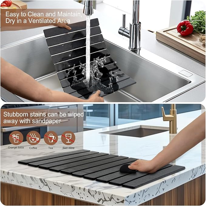 Stone Drying Mat for Kitchen Counter,24"x16" Large Dish Drying Mat,Stone Bath Mat,Quick Drying Fast Absorbent Diatomaceous Drying Matt Kitchen Counter for Dishes Bottles Cups Bathroom Any Countertop - Image 7