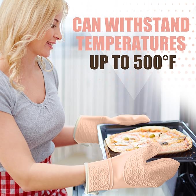 Silicone Oven Mitts, Heat Resistant 2PCS Oven Mitts with Soft Cotton Lining, Waterproof Non-Slip Grip Oven Glove, Kitchen Potholder Mits for BBQ, Baking, Cooking, 12.5 Inch - Pink - Image 7