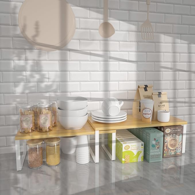 NEX Kitchen Cabinet and Counter Shelf Organizer, Stackable & Expandable, Set of 4, White and Natural - 7.7 x 15.6 x 6.2'' - Image 8