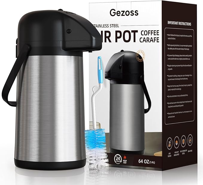 Coffee Carafe for Keeping Hot - Gezoss 64OZ / 1.9L Airpot Coffee Dispenser with Pump - Large Coffee Carafe for Hot Drinks Tea Liquid - Insulated Stainless Steel Hot Water Beverage Urn for Parties - Image 9