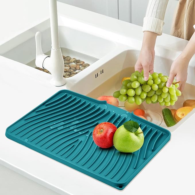 TIKNIK Silicone Dish Drying Mat, Stone Drying Mat for Kitchen Counter with Built-In Drain, Non-Slip Drain Pad with Built-in Drain, Heat Resistant Stone Drying Mat, Hangable, Green-1pcs, 16" x 12" - Image 7