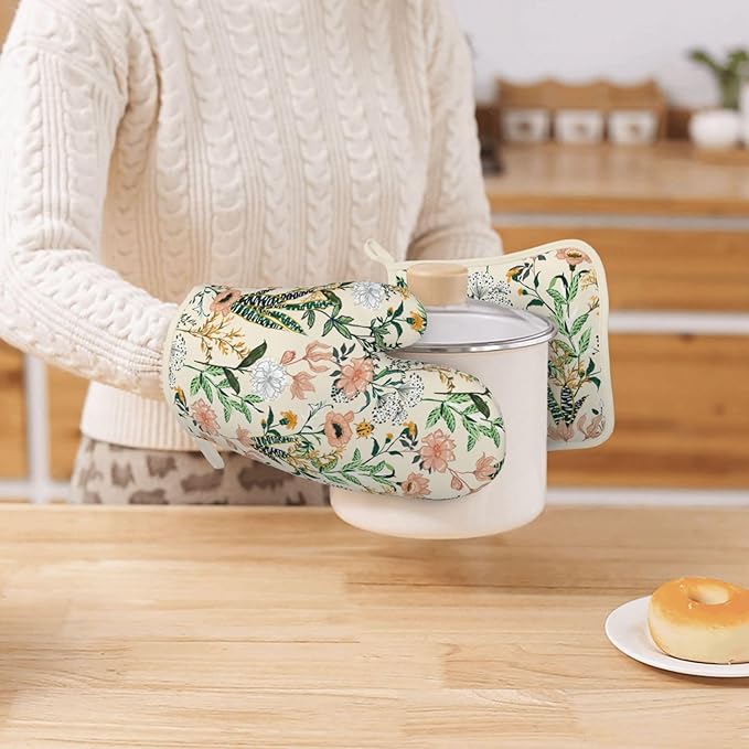 Floral Silicone Oven Mitts Pan Mats Set of 2, Heat Resistant Gloves Potholder with Non-Slip Grips Hanging Loops Pot Holder, Spring Summer for Chef Cooking, Baking, Grilling, BBQ