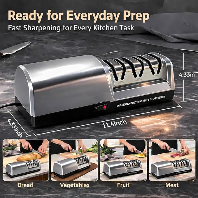 Electric Knife Sharpener for Kitchen, 3-Stage Professional Kitchen Knife Sharpener with 15° Precision Angle Guide, Fast & Portable Stainless Steel Grinding Tool for Sharpening, Repairing & Polishing - Image 7