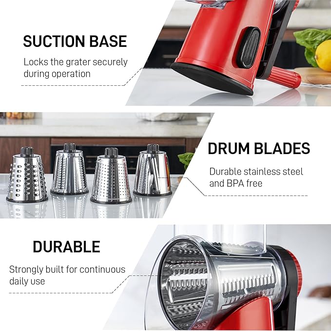 VEKAYA Rotary Cheese Grater Hand Crank with 4 Interchangeable Stainless Steel Blades, Large Manual Handle Shredder and Waffle Slicer for Vegetables, Cheese and Nuts with Table Suction Base (Red)