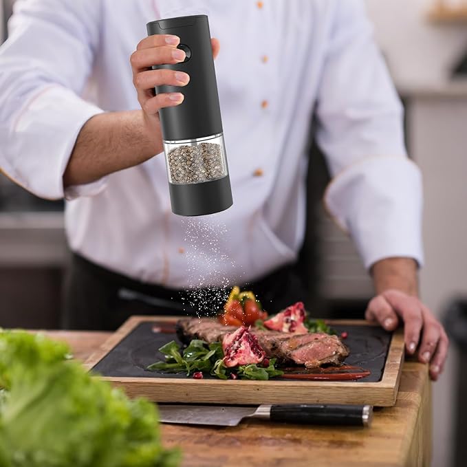 Electric Salt and Pepper Grinder Set, Automatic Salt Pepper Mill Grinder with Adjustable Coarseness, One-Button Control, Easy Filling Larger Capacity with Led Light for Home Kitchen Appliances (Black)