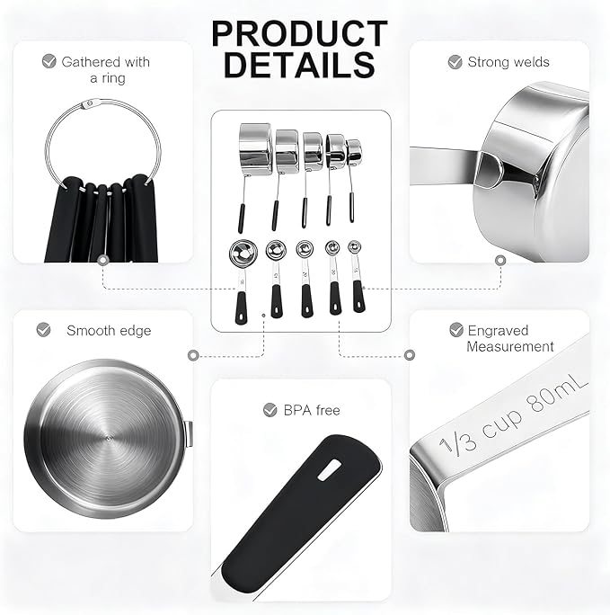 Bopei Measuring Cups and Spoons Set Stainless Steel 10 Piece for Cooking and Baking (5 Cups + 5 Spoons, Black Handle) - Image 6