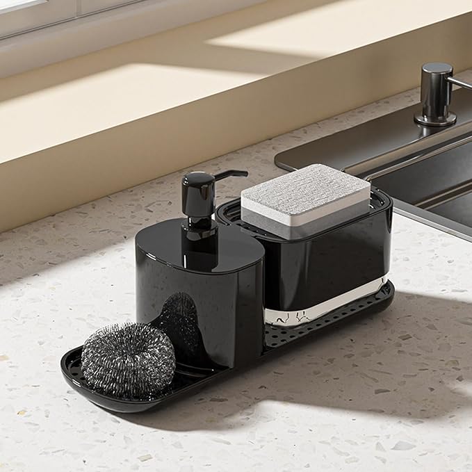 Kitchen Soap Dispenser Set with Tray, 4-in-1 Dual Hand and Dish Soap Dispenser with Sponge Holder for Kitchen Sink, Practical Kitchen Gadgets (Black)