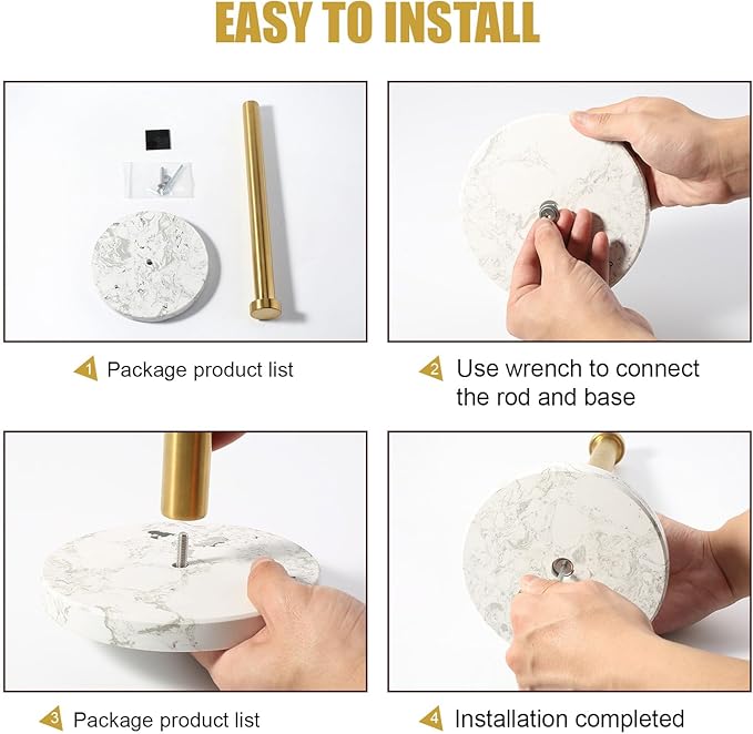 Koville Paper Towel Holder Countertop, Marble and Brass Standing Paper Roll Holder, Heavy Stone Paper Towel Holder with 6" Weighted Marble Base for Kitchen Bathroom(Arabescato Argento)