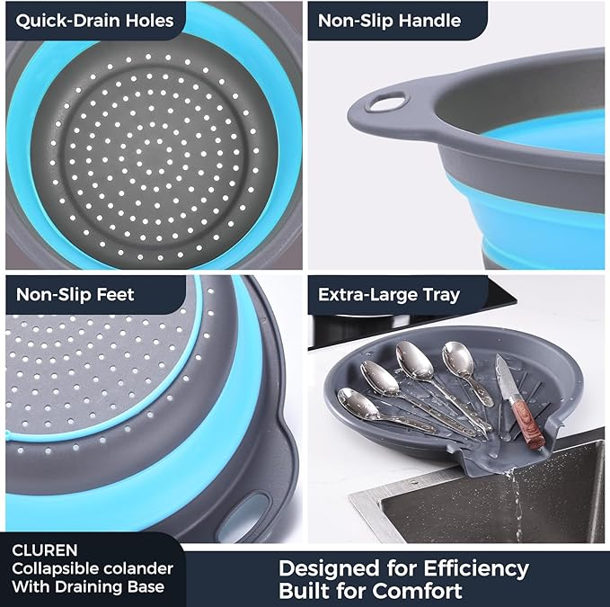 Collapsible Colander Set with Oversized Draining Tray | 3-Pack Foldable Kitchen Strainers + Base | Space Saving for Pasta, Veggies, Fruit & Rice | 5 Colors (Gray-Blue) - Image 6
