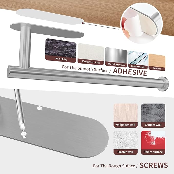 DEKAVA Paper Towel Holder Under Cabinet for Kitchen, Adhesive Paper Towel Holder Wall Mount, SUS304 Stainless Steel 13 inch(1,Silver) - Image 6