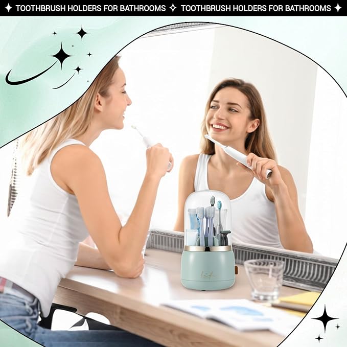 Sawysine Toothbrush Holders with Cover Dustproof Toothbrush Organizer with Sliding Lid Rotating 7 Slots Makeup Brushes Toothpaste Stand Storage for Bathroom Accessories Counter Vanity