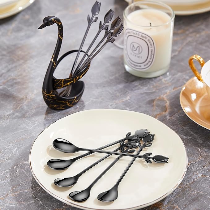 Black Small Coffee Spoon Holder Set,Swan Base With 12 Pcs Demitasse Espresso Spoons Set,6" Mini Tulip/Rose Dessert Spoon,Stainless Steel Tea Spoons - Image 8