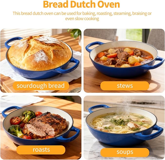 Mini Double Dutch Oven For Sourdough Bread Baking, 6QT Enameled Cast Iron Dutch Oven Pot With Lid, Non Stick Dual Round Bread Loaf Pan, 500°F Oven Safe, Sourdough Baking Pan For Homemade Baking