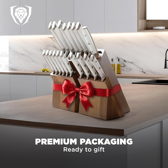 Dalstrong 18-Piece Gladiator Colossal Knife Block Set (White Handles) — German High-Carbon Steel, Full-Tang, Hand-Sharpened — For Home Chefs, Wedding Registries & Serious Kitchens — Acacia Block, NSF - Image 7