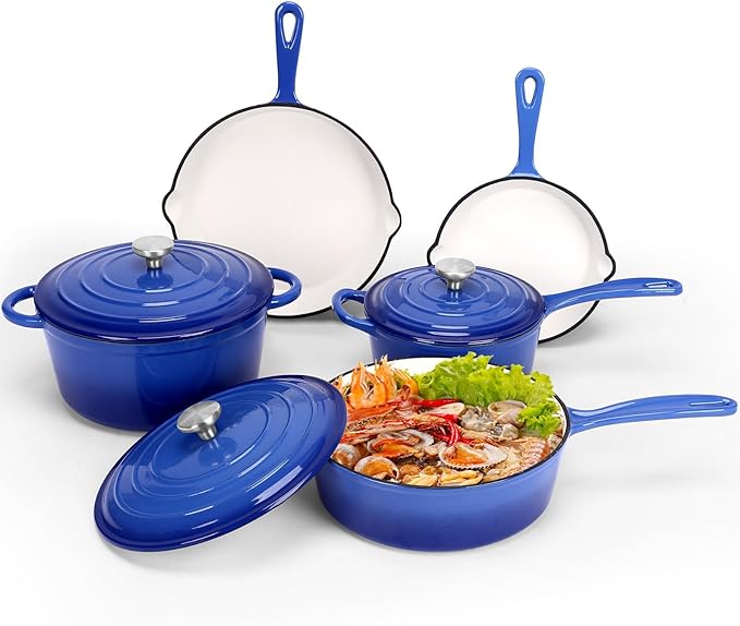 QuliMetal Nonstick Enameled Cast Iron Cookware Set, 5 Pcs Pots and Pans with Lid, Skillet, Frying Pan, Saucepan & Dutch Oven for All Stovetops, PFA Free - Ideal for Sourdough Bread Baking