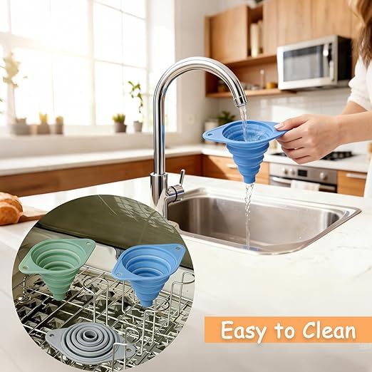 Kitchen Funnel Set 3 Pack, Collapsible Silicone Funnel for Kitchen Use, Small Funnels for Filling Bottle, Transfer Liquid, Oil and Powder, Food Grade Silicone Filter with a Brush - Image 7