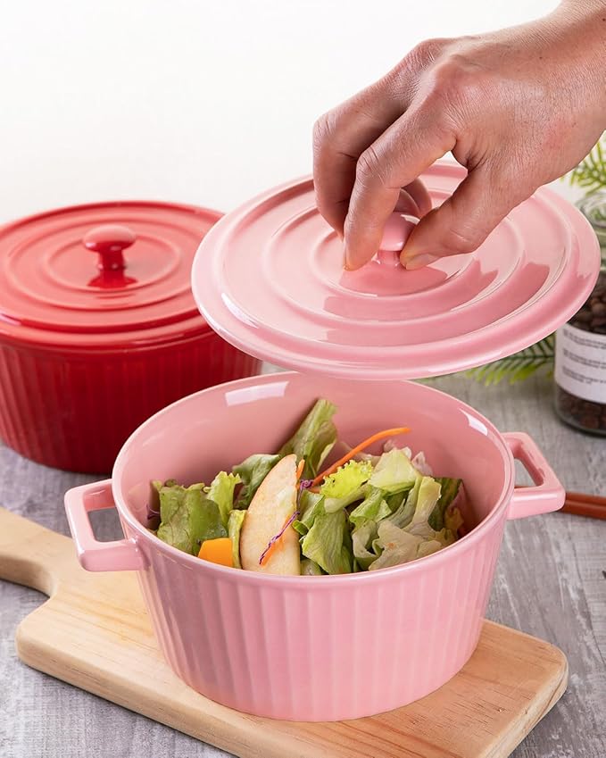 WHJY Pink Ceramic Casserole Dish with Lid,1 Quart Ceramic Casserole Pan for Bakeware Oven