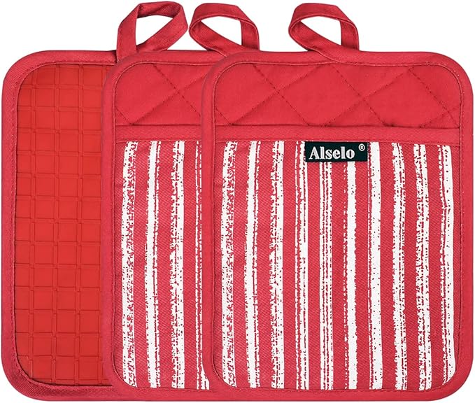 Alselo Silicone Pot Holders Set of 3 Heat Resistant & Non Slip Potholders, Professional Oven Hot Pads with Pockets Mitts for Kitchen Cooking Baking Barbecue (3, Red) - Image 9
