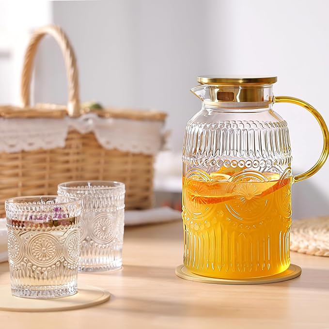 2 Pack Vintage Glass Pitchers with Lid and 2 Cups, 68oz/ 2 Liter Glass Water Pitcher with Handle and Lid for Fridge, Iced Tea, Coffee, Borosilicate Glass Carafe for Hot/Cold Brew Drink