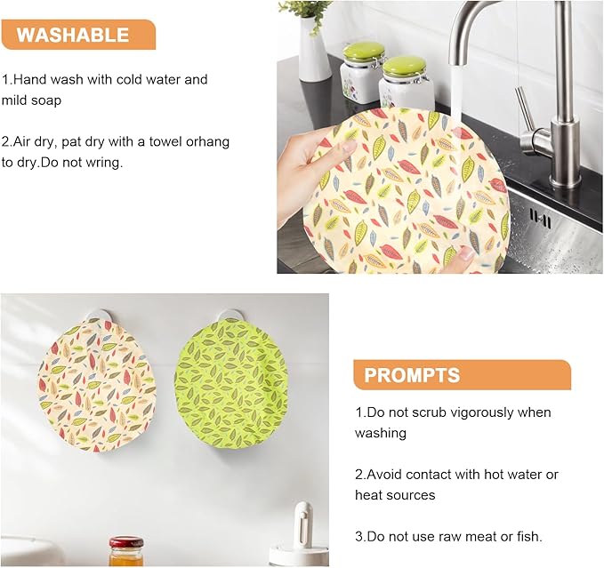 Reusable Bowl Covers for Bread Proofing(2 Large)- Cotton Beeswax Bowl Covers Reusable with Elastic Rim, Sourdough Bowl Cover for Food Storage and Food Preservation (10INCH) (leaves)