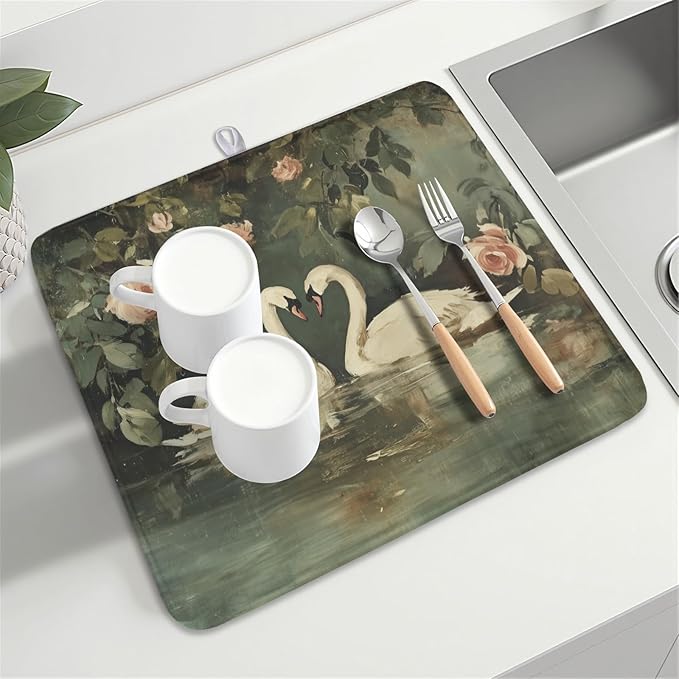 Swans Dish Drying Mat 18x16 Inch, White Swan Drying Mat with Absorbent Reversible Microfiber, Wildlife Aesthetic Dish Drainer Mats Summer Rack Pad for Coffee Countertop Kitchen Protector