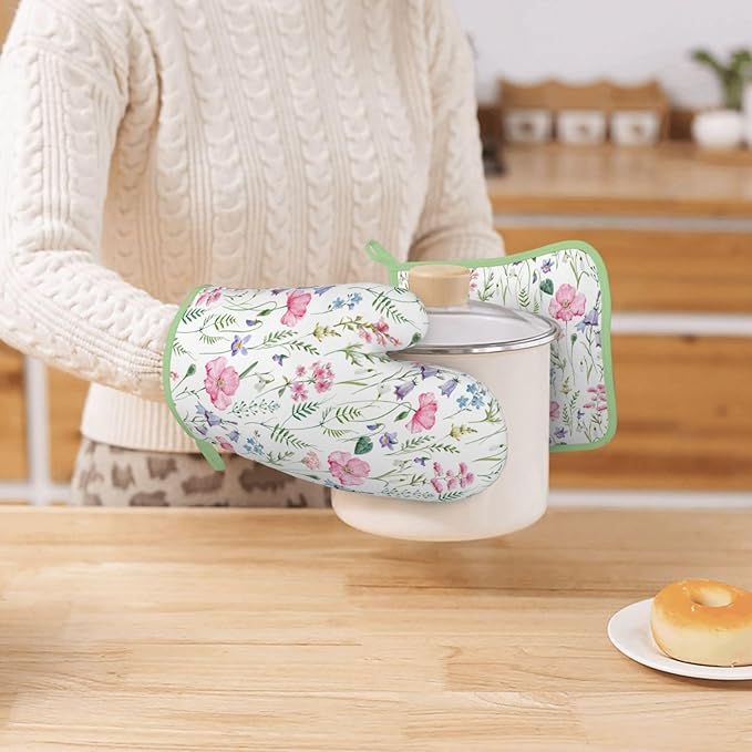 Pink Floral Silicone Oven Mitts Pan Mats Set of 2, Heat Resistant Gloves Potholder with Non-Slip Grips Hanging Loops Pot Holder, Spring Summer for Chef Cooking, Baking, Grilling, BBQ