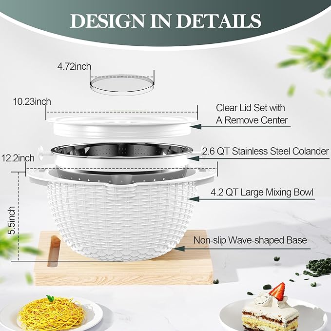 4-1 Colander with Bowl Set - Rotatable Colander for Kitchen(Patented) - Strainers and Colanders - Pasta Strainer with New Upgraded Graters for Fruit Veggie Fun Kitchen Presents - White - Image 8