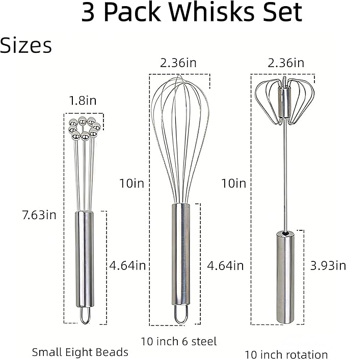 3 Packs Stainless Steel Whisk Set-Whisks for Cooking Non Scratch,Hand Push Rotary Whisk Blender,Balloon Whisk Kitchen Wisk Wire Whisks for Cooking,Whisking, Blending,Beating and Stirring - Image 8