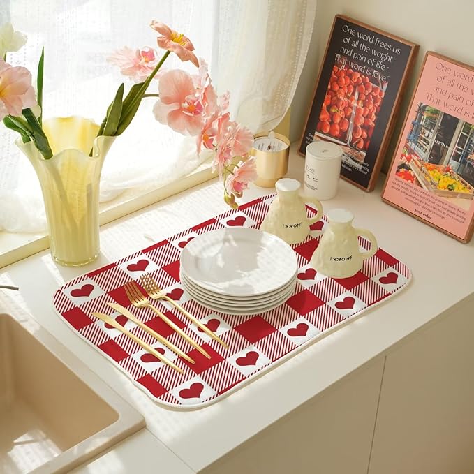 Happy Valentines Day Dish Drying Mat 18 x 24 inch Red Checkered Love Hearts Decorative Drying Mats Microfiber Absorbent Valentine Dish Washable Draining Mat for Kitchen Counter Decor