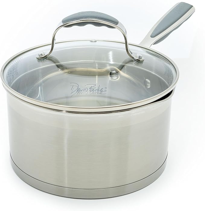 David Burke Gourmet Pro Stature Stainless Steel 3.5-Qt Sauce pan with Glass Straining Lid and Pour Spouts, EZ-Grip Riveted Handles for Durability and Control, Oven Safe - Brushed Gray