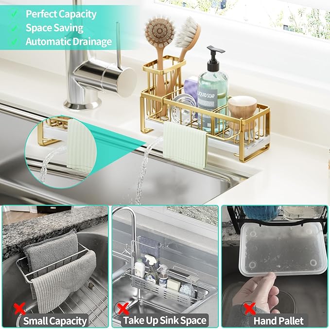 HapiRm Sponge Holder for Kitchen Sink - Self-draining Sink Caddy with Brush Holder and Dishcloth Holder, Stainless Steel Kitchen Organizer for Countertop - Gold - Image 7