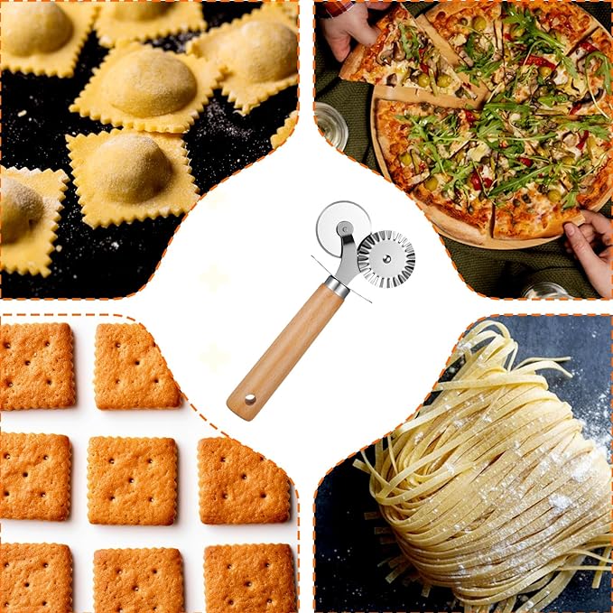 Oruola Pastry Cutter for Baking,Double Fluted Pastry Cutter Wheel,Double-Blade Pasta Cutters,Stainless Steel Double Roller Dough Cutters with Wooden Handle for Pizza,Ravioli,Cookies