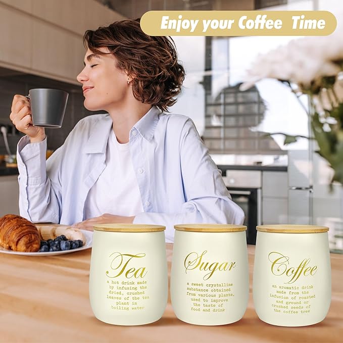 Coffee Tea Sugar Container Set of 3,Farmhouse Storage Containers Jars,Airtight Metal Kitchen Canister Set with Bamboo Lids for Kitchen Counter Dining Room (Metal, 1)