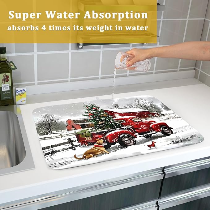 Red Truck Christmas Dish Drying Mat for Kitchen Counter 18x24 Inch Winter Xmas Tree Snowman Dog Print Absorbent Reversible Microfiber Drying Mats Kitchen Countertop Protector Dishes Drainer Rack Pad - Image 7