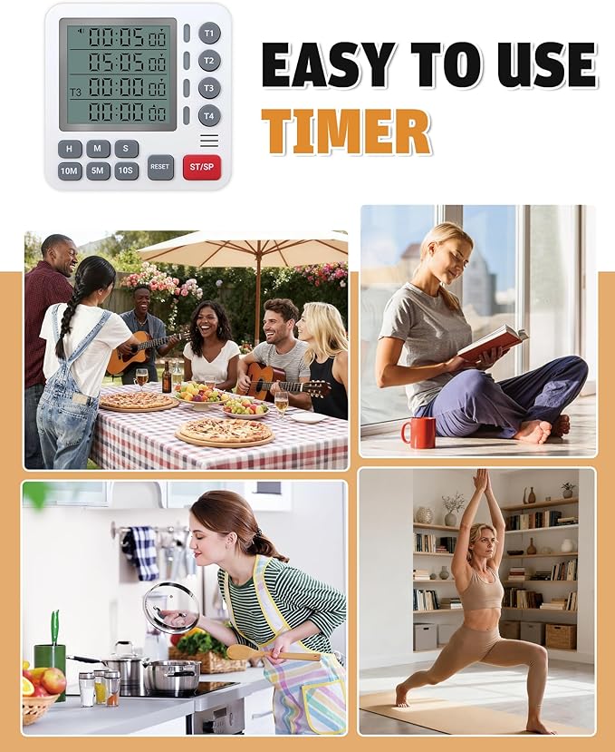 TPNEG Digital Kitchen Timer - 4-Channel Cooking Timer with Alarm, Magnetic Back, Loud & Silent Modes, Count Up/Down, Ideal for ovens, Seniors, Kids and classrooms, Replaceable AAA Battery - Image 7