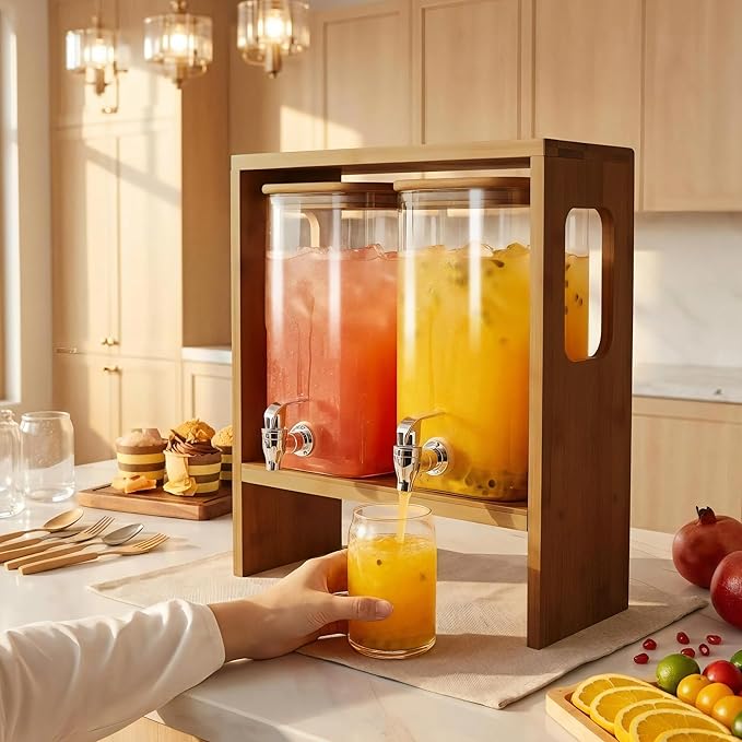 2 PCS 1.2 Gallon Drink Dispenser, Glass Beverage Dispenser with Wood Stand and Detachable Food Platter, Party Drink Dispensers for Lemonade, Juice, Tea, Ice Coffee - Image 7