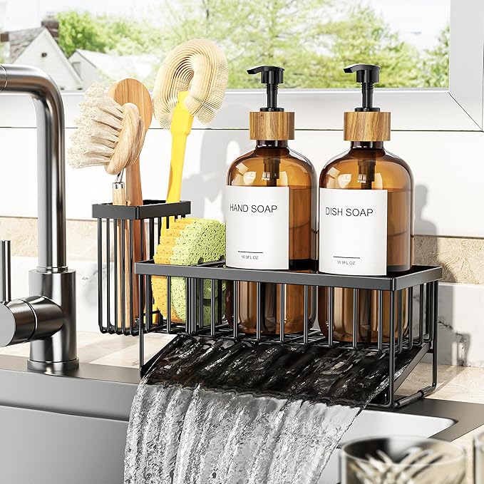 Cisily Kitchen Dish Soap Dispenser Set with 2 Pack 16.9oz Amber Glass Bottle and Sponge Holder, Dish Soap Dispensers with Adjustable Sponge Holder, Vintage Hand and Dish Soap Dispensers Set - Image 8
