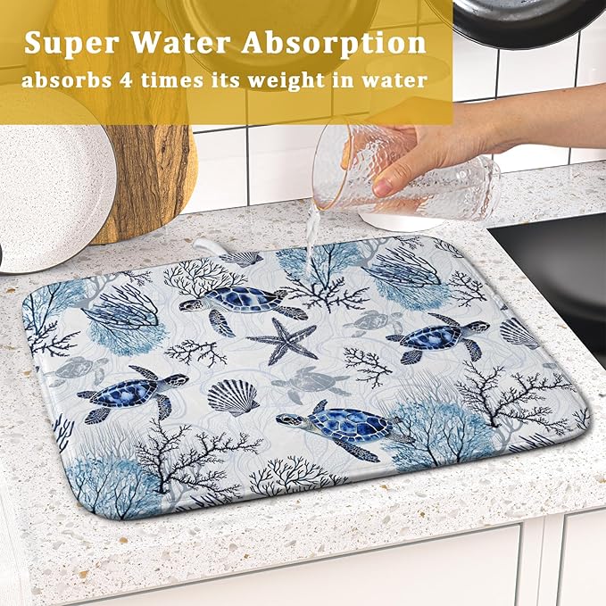 Giwawa 16"x18" Coastal Sea Turtles Dish Drying Mat Nautical Ocean Tortoise Coral Starfish Dish Drainer Mats for Kitchen Microfiber Reversible Dish Drying Rack Pad for Countertop Tabletop Decor