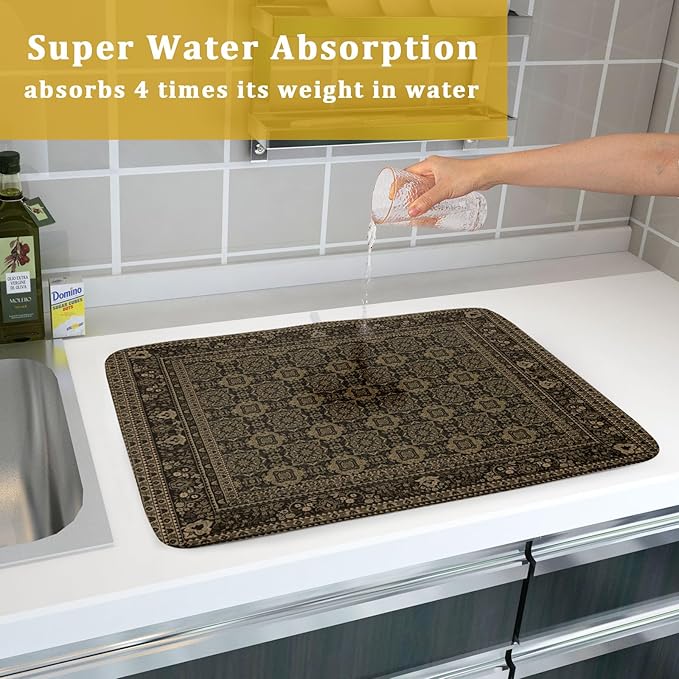 Brown Antique Tabriz Rug Dish Drying Mat for Kitchen Counter,Retro Turkish Vintage Floral Block Print Drying Mat 18 x 24 Inch with Absorbent Reversible Microfiber Drying Pad for Coffee Bar - Image 7