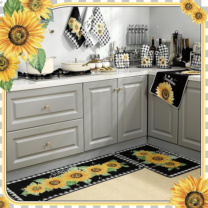 Fourluoo 10 Pcs Sunflower Kitchen Decor 4 White and Black Buffalo Plaid Kitchen Towels 2 Buffalo Check Pot Holders 2 Rustic Sunflower Oven Mitts 2 Yellow Rugs for Cooking Baking Mom Housewarming Gift - Image 6