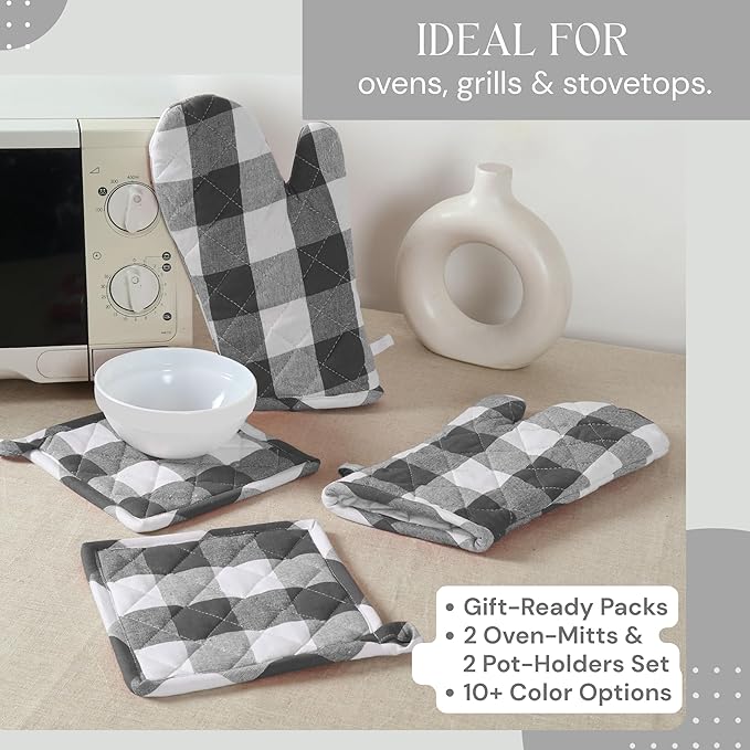 Oven Mitt & Pot Holder Buffalo Plaid Check 100% Cotton Heat Resistant Oven Gloves (7"x13") & Hot Pads (8"x8") Combo for Baking, Cooking - Grey