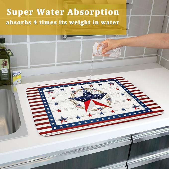 Giwawa Patriotic Stars Dish Drying Mat 4th of July America Star Wreath Dish Drainer Mats for Kitchen Countertop 18"x24" Rustic Independence Day Reversible Dish Drying Pad Large Decor