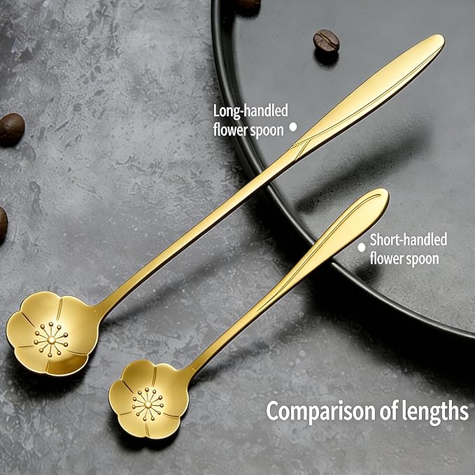 12 Pcs Flower Coffee Tea Spoons Set with Storage Bag, 4 Long & 8 Short Stainless Steel Teaspoons for Sugar Dessert Ice Cream Stirring, Cute Fancy Tableware for Tea Party Kitchen Cafe Bar(Gold)