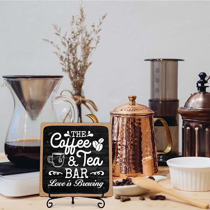 Coffee Bar Sign, Love is Brewing Farmhouse Tabletop Decor, Coffee and Tea Lover Gifts, 5x5 Wood Plaque with Iron Stand for Home Kitchen Cafe, Coffee Bar Decor – L04 - Image 7